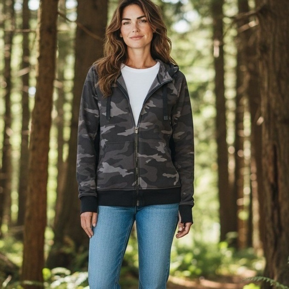 Athleta Triumph Women's SMALL Gray Black Camo Full Zip Fleece Hoodie